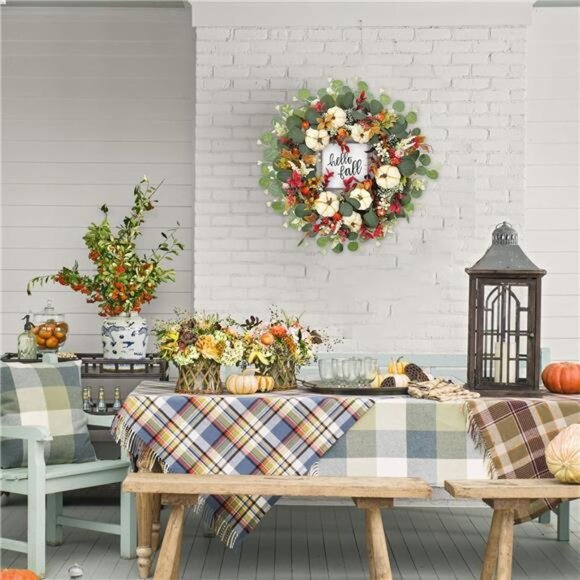 18 Inch‎ Fall Wreath - Autumn Pumpkin & Eucalyptus Wreath for Door, Mantel, Wall - Picture 3 of 7